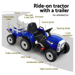 Rigo Kids Electric 12v Farm Tractor Trailer Ride-On Kids Car - Blue -Kids Car Sales RCAR TRACTOR BU 04